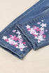 Sky Blue Cherry Blossom Pattern Splicing Mid Waist Distressed Jeans