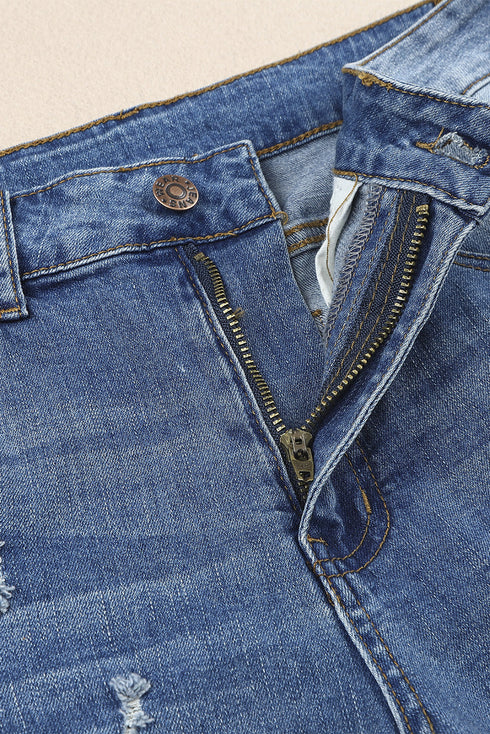 Sky Blue Cherry Blossom Pattern Splicing Mid Waist Distressed Jeans