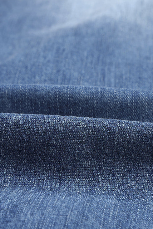 Sky Blue Cherry Blossom Pattern Splicing Mid Waist Distressed Jeans