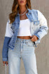 Sky Blue Color Block Denim Patchwork Frayed Hem Jacket