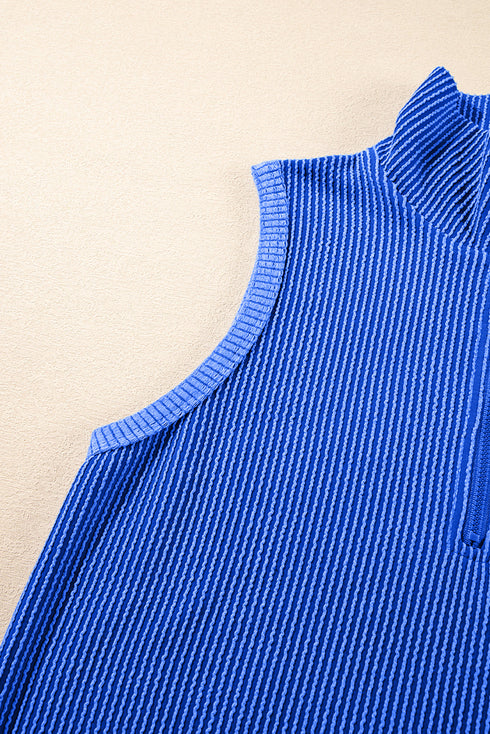 Sky Blue Corded Collared Half Zip Tank Top Two Piece Shorts Set