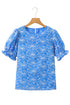 Sky Blue Eyelet Flower Embroidery Frilled Short Puff Sleeve Blouse