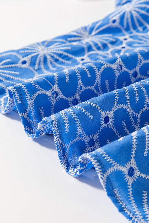 Sky Blue Eyelet Flower Embroidery Frilled Short Puff Sleeve Blouse