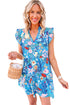 Sky Blue Floral Flutter Sleeve V Neck Ruffled Dress