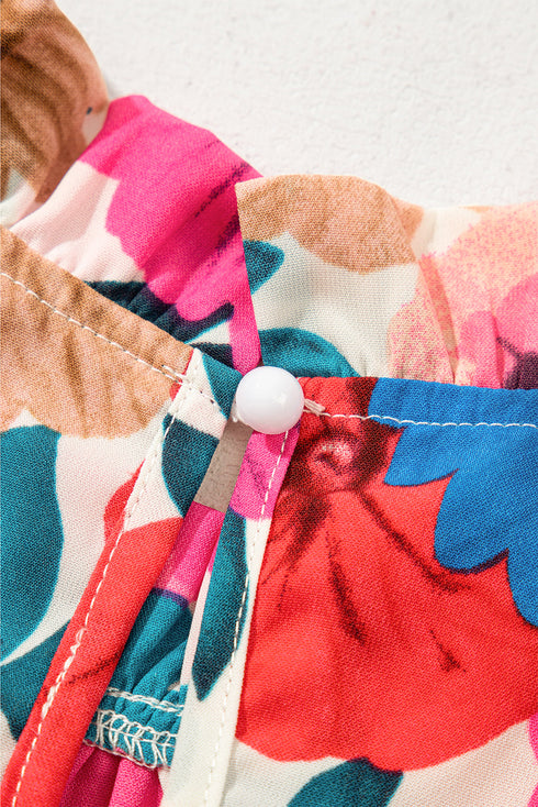 Sky Blue Floral Mock Neck Striped Flutter Sleeve Blouse