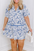 Sky Blue Floral Print Collared V Neck Ric-rac Trim Plus Size Mini Dress