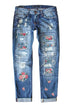 Sky Blue Floral Print Contrast Distressed Mid Waist Jeans