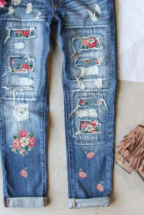 Sky Blue Floral Print Contrast Distressed Mid Waist Jeans