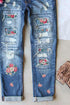 Sky Blue Floral Print Contrast Distressed Mid Waist Jeans