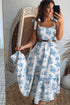 Sky Blue Floral Print Shirred Knot Shoulder Sleeveless Long Dress