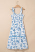 Sky Blue Floral Print Shirred Knot Shoulder Sleeveless Long Dress