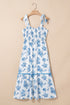 Sky Blue Floral Print Shirred Knot Shoulder Sleeveless Long Dress