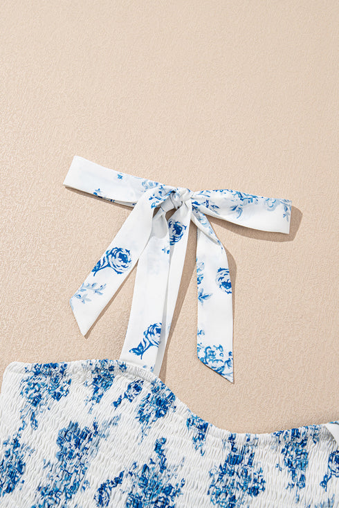 Sky Blue Floral Print Shirred Knot Shoulder Sleeveless Long Dress