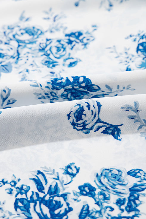 Sky Blue Floral Print Shirred Knot Shoulder Sleeveless Long Dress