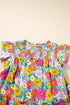 Sky Blue Floral Print Smocked Notch V Neck Flutter Sleeve Mini Dress