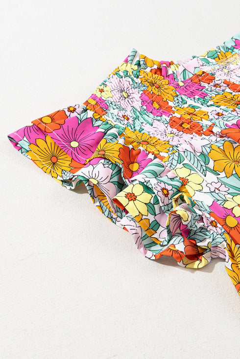 Sky Blue Floral Print Smocked Notch V Neck Flutter Sleeve Mini Dress