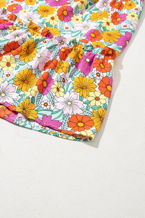 Sky Blue Floral Print Smocked Notch V Neck Flutter Sleeve Mini Dress