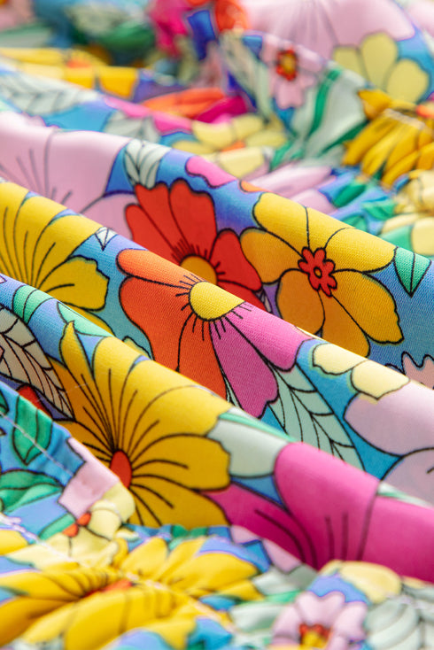 Sky Blue Floral Print Smocked Notch V Neck Flutter Sleeve Mini Dress