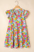 Sky Blue Floral Print Smocked Notch V Neck Flutter Sleeve Mini Dress
