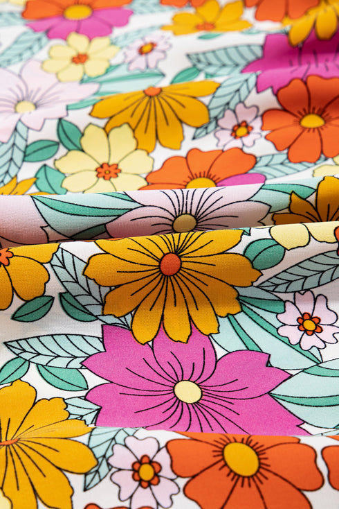 Sky Blue Floral Print Smocked Notch V Neck Flutter Sleeve Mini Dress