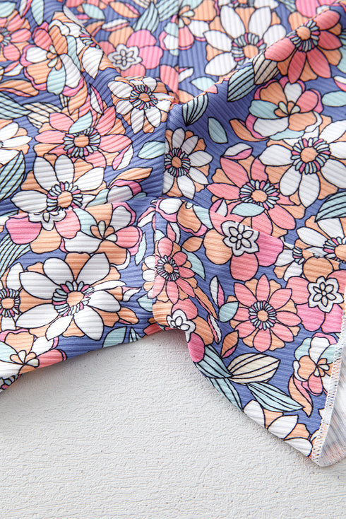 Sky Blue Floral Print Spaghetti Straps Tank Top and Shorts Set