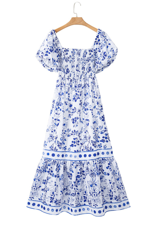 Sky Blue Floral Print Square Neck Bubble Sleeve High Waist Maxi Dress