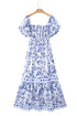 Sky Blue Floral Print Square Neck Bubble Sleeve High Waist Maxi Dress