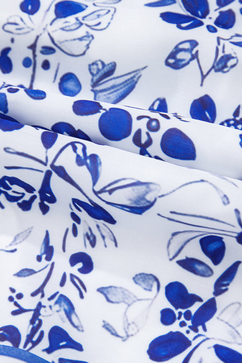 Sky Blue Floral Print Square Neck Bubble Sleeve High Waist Maxi Dress