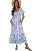 Sky Blue Floral Print Square Neck Bubble Sleeve High Waist Maxi Dress