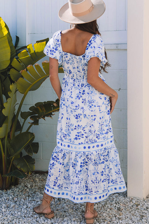 Sky Blue Floral Print Square Neck Bubble Sleeve High Waist Maxi Dress