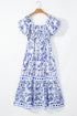 Sky Blue Floral Print Square Neck Bubble Sleeve High Waist Maxi Dress