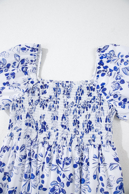 Sky Blue Floral Print Square Neck Bubble Sleeve High Waist Maxi Dress