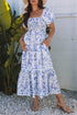 Sky Blue Floral Print Square Neck Bubble Sleeve High Waist Maxi Dress