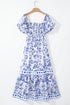 Sky Blue Floral Print Square Neck Bubble Sleeve High Waist Maxi Dress