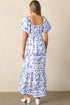 Sky Blue Floral Print Square Neck Bubble Sleeve High Waist Maxi Dress