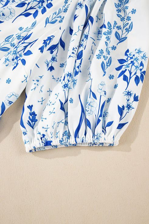 Sky Blue Floral Print Sweetheart Neck Plus Size Midi Dress