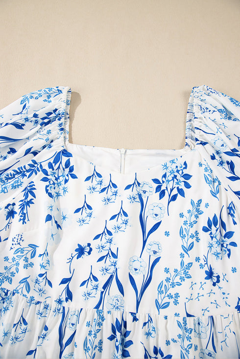 Sky Blue Floral Print Sweetheart Neck Plus Size Midi Dress