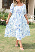 Sky Blue Floral Print Sweetheart Neck Plus Size Midi Dress