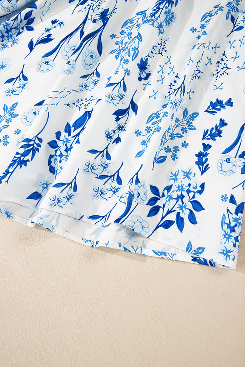 Sky Blue Floral Print Sweetheart Neck Plus Size Midi Dress