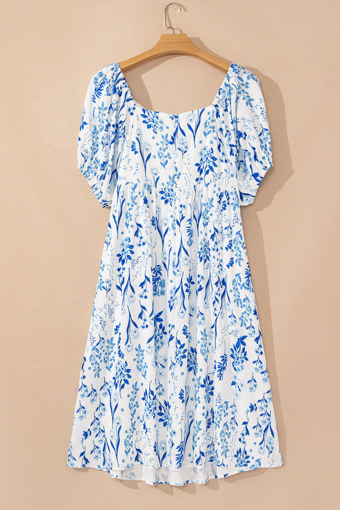 Sky Blue Floral Print Sweetheart Neck Plus Size Midi Dress