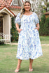 Sky Blue Floral Print Sweetheart Neck Plus Size Midi Dress