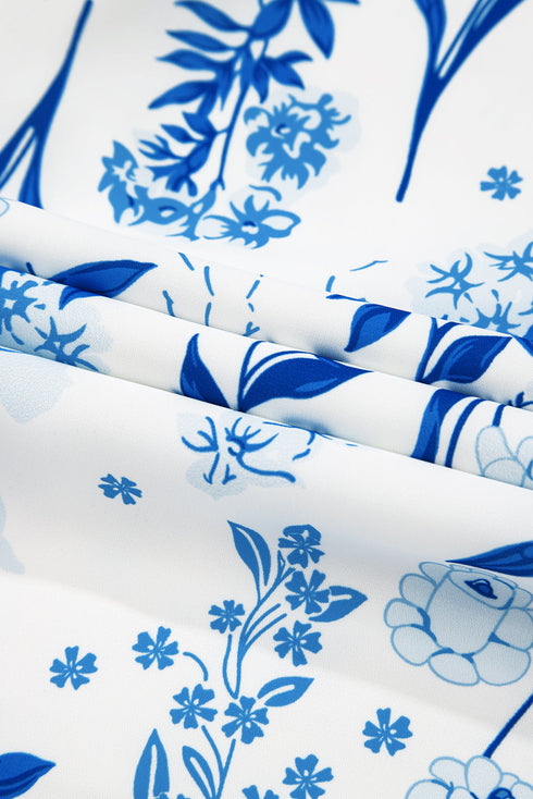 Sky Blue Floral Print Sweetheart Neck Plus Size Midi Dress