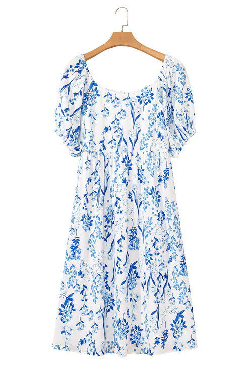 Sky Blue Floral Print Sweetheart Neck Plus Size Midi Dress