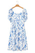 Sky Blue Floral Print Sweetheart Neck Plus Size Midi Dress