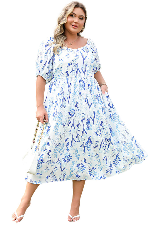 Sky Blue Floral Print Sweetheart Neck Plus Size Midi Dress