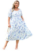Sky Blue Floral Print Sweetheart Neck Plus Size Midi Dress