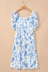 Sky Blue Floral Print Sweetheart Neck Plus Size Midi Dress