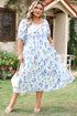 Sky Blue Floral Print Sweetheart Neck Plus Size Midi Dress