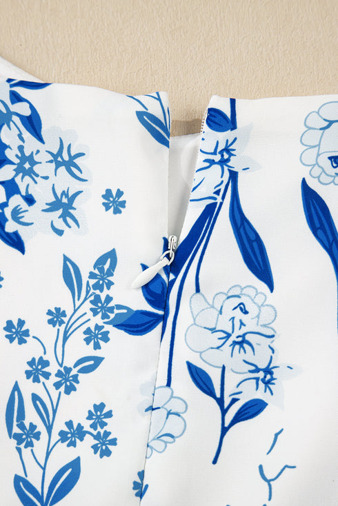 Sky Blue Floral Print Sweetheart Neck Plus Size Midi Dress