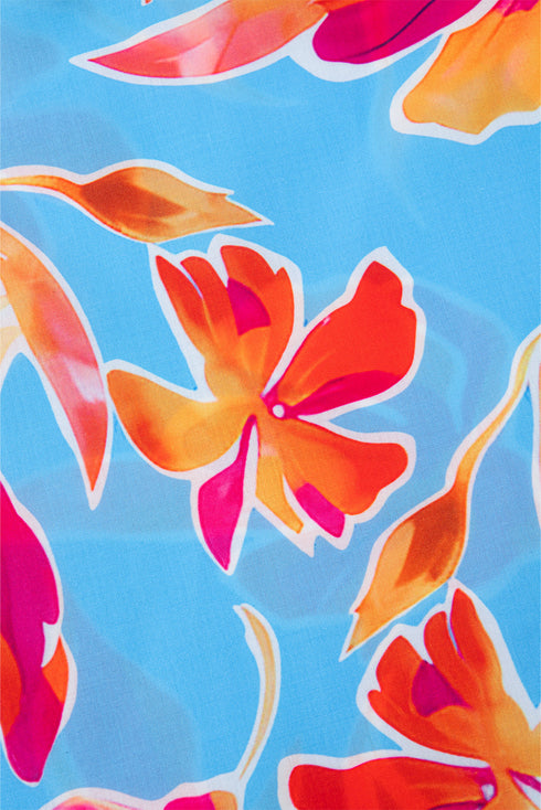 Sky Blue Floral Print V Neck Pompom Trim Flutter Sleeve Blouse